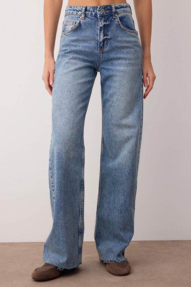 Mavi Yüksek Bel Paçası Kesikli Az Esnek Wide Leg/Geniş Paça Jeans TWOAW26JE00081 - 4