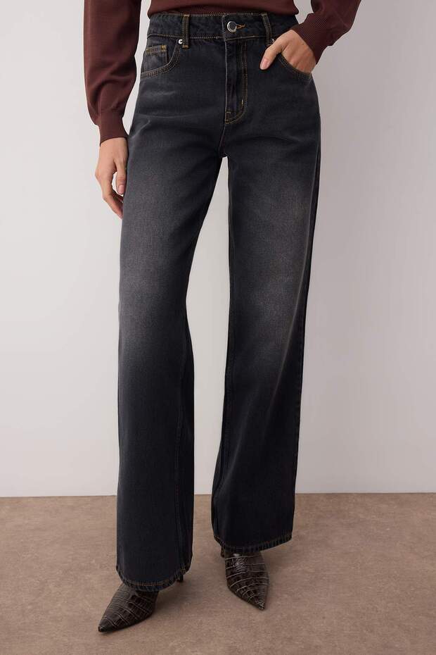 More Sustainable Siyah Yüksek Bel Wide Leg Jeans TWOAW26JE00077 - 3