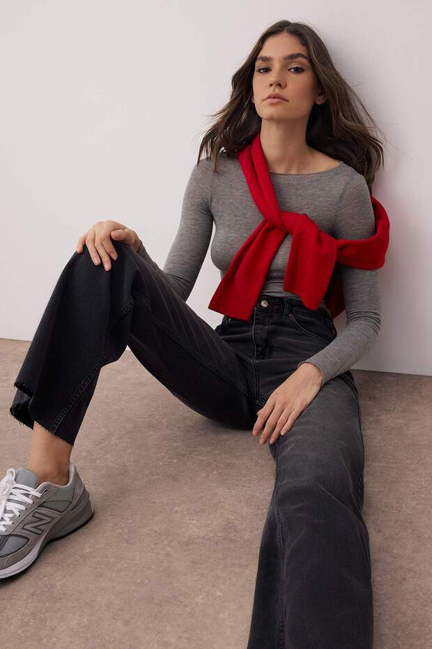 Siyah Yüksek Bel Paçası Kesikli Wide Leg/Geniş Paça Palazzo Comfort/Esnek Smoke Jeans TWOAW26JE00081 - 2