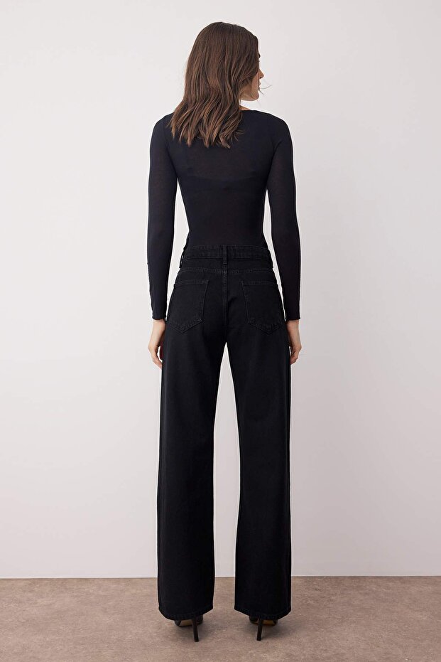 Siyah Yüksek Bel Taşlı Wide Leg Jeans TWOAW26JE00032 - 4