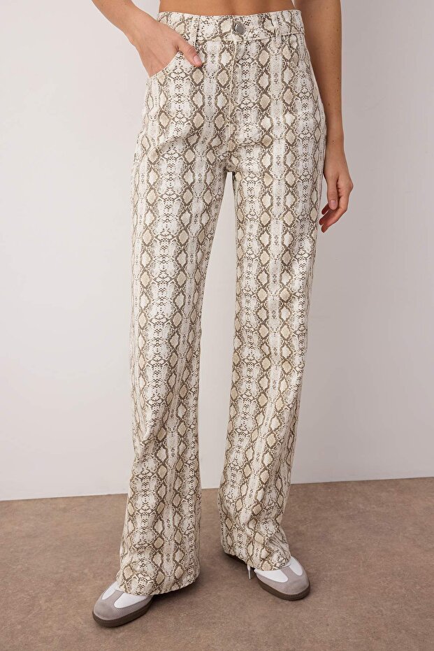 Çok Renkli Animal Yılan Desenli Yüksek Bel Wide Leg Jeans TWOAW26JE00136 - 3