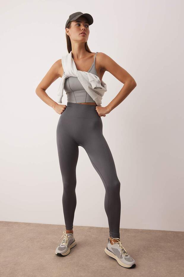 Antrasit Seamless/Dikişsiz Tam Boy Örme Spor Tayt THMAW26TY00003 - 2