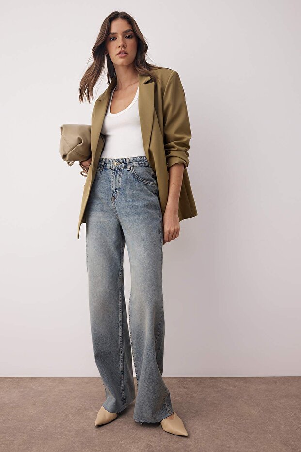 Mavi Yüksek Bel Paçası Kesikli Geniş Paça Wide Leg Jeans TWOAW26JE00089 - 1