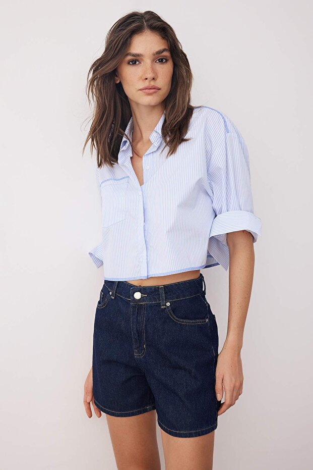Koyu Mavi Yüksek Bel City Boy Denim Şort TWOSS25SR00172 - 2