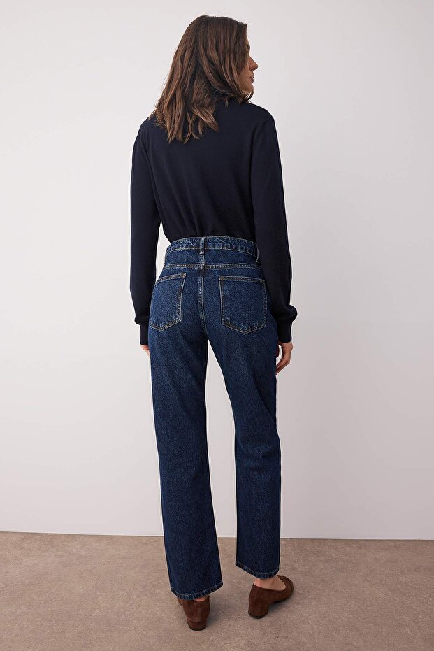 Koyu Mavi Yüksek Bel Straight Boru Paça Düz Kesim %100 Pamuk Non-Stretch Jeans TWOAW26JE00063 - 4