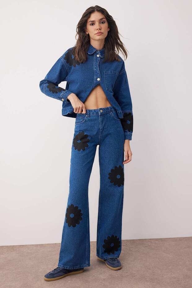 Mavi Yüksek Bel Çiçek Baskılı Wide Leg Palazzo Jeans TWOAW26JE00122 - 1