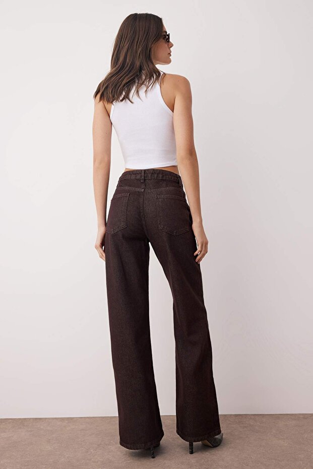 Kahverengi Yüksek Bel Geniş Paça Wide Leg %100 Pamuk Non-Stretch Jeans TWOAW26JE00119 - 5