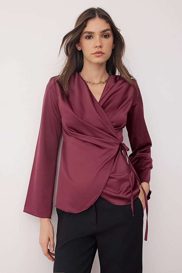 Bordo Saten Kruvaze Dokuma Bluz TWOAW26BZ00052 - 2
