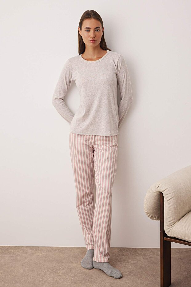 Bej-Pembe Üst Fitilli, Alt Pamuklu Çizgili Örme Pijama Takımı THMAW26PT00095 - 3