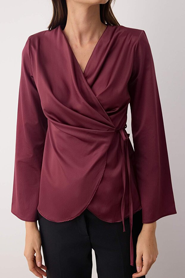 Bordo Saten Kruvaze Dokuma Bluz TWOAW26BZ00052 - 3