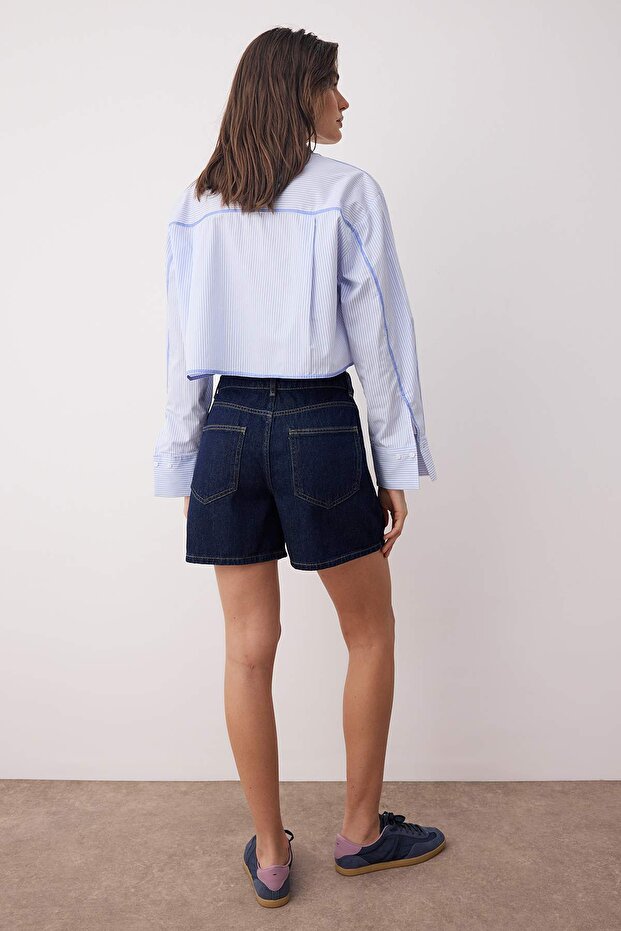 Koyu Mavi Yüksek Bel City Boy Denim Şort TWOSS25SR00172 - 4