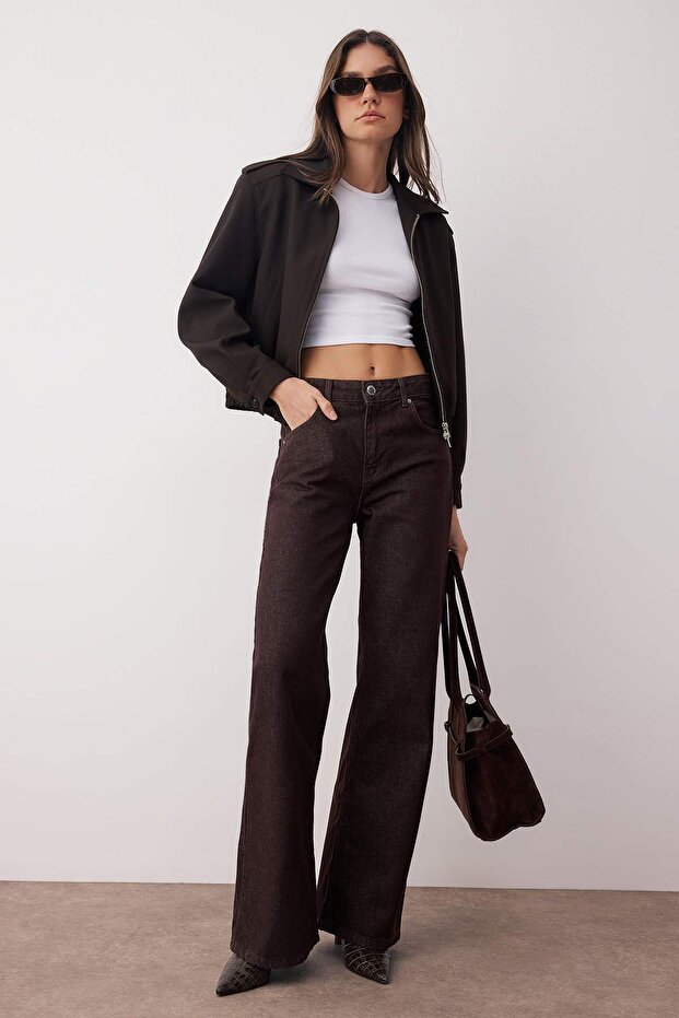 Kahverengi Yüksek Bel Geniş Paça Wide Leg %100 Pamuk Non-Stretch Jeans TWOAW26JE00119 - 3