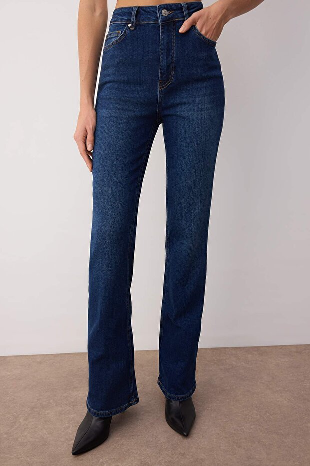 Koyu Mavi Yüksek Bel Comfort/Esnek Comfort Flare Jeans TWOAW26JE00049 - 3