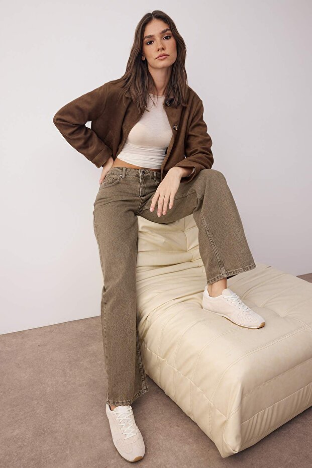 Haki Yüksek Bel Vintage Yıkama Geniş Paça Wide Leg %100 Pamuk Non-Stretch Jeans TWOAW26JE00126 - 3