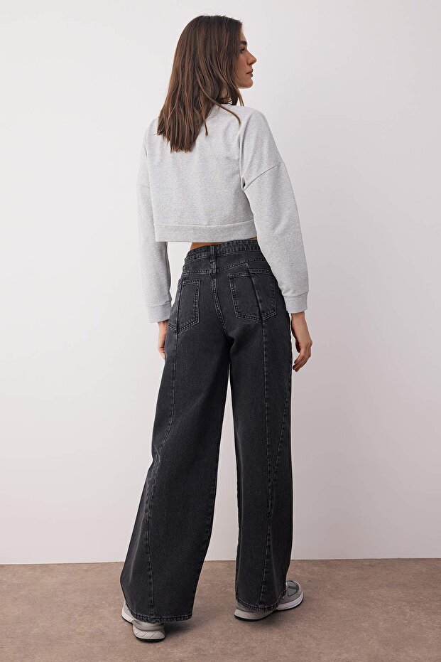 Siyah Normal Bel Dikiş Detaylı Wide Leg Geniş Paça Jeans TWOAW26JE00147 - 4