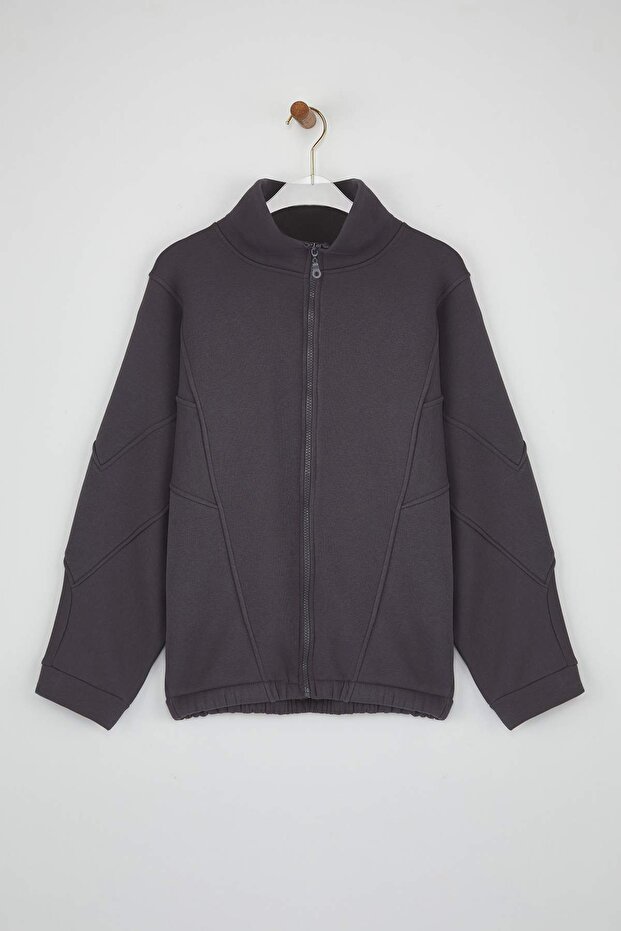 Antrasit Fermuarlı Dikiş Detaylı Dik Yaka Bomber Örme Sweatshirt TWOAW26SW00037 - 5