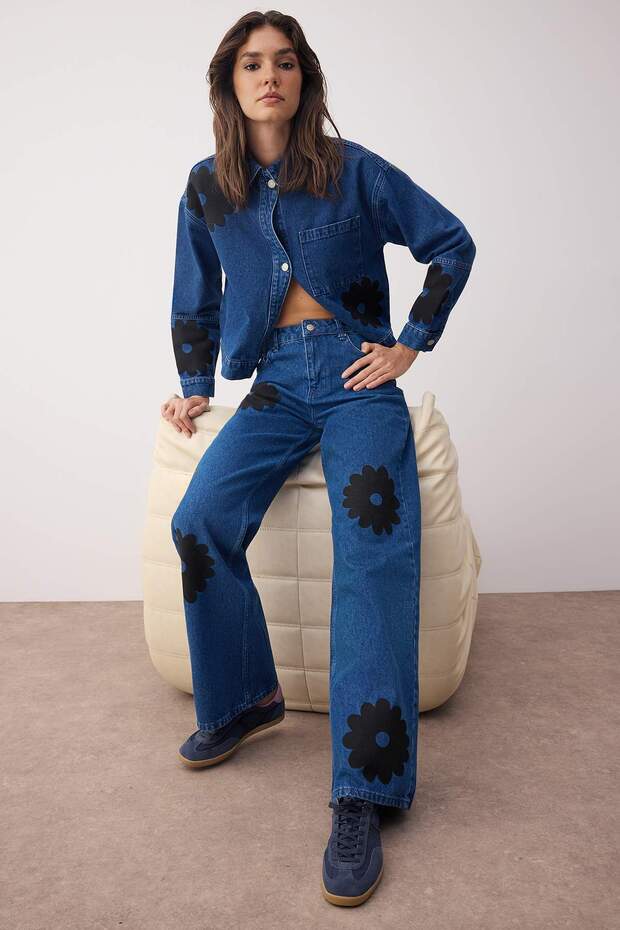 Mavi Yüksek Bel Çiçek Baskılı Wide Leg Palazzo Jeans TWOAW26JE00122 - 2