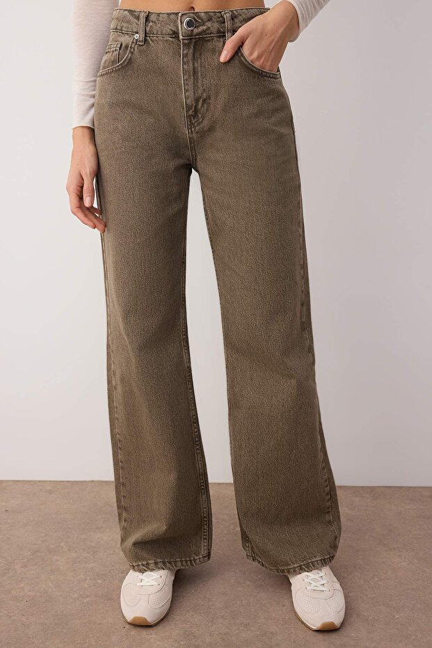 Haki Yüksek Bel Vintage Yıkama Geniş Paça Wide Leg %100 Pamuk Non-Stretch Jeans TWOAW26JE00126 - 1