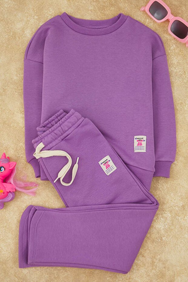 Lila Pamuklu Düz/Basic Regular Örme Kız Çocuk Sweatshirt ve Eşofman Alt - Üst Takım TKDAW26AU00014 - 2
