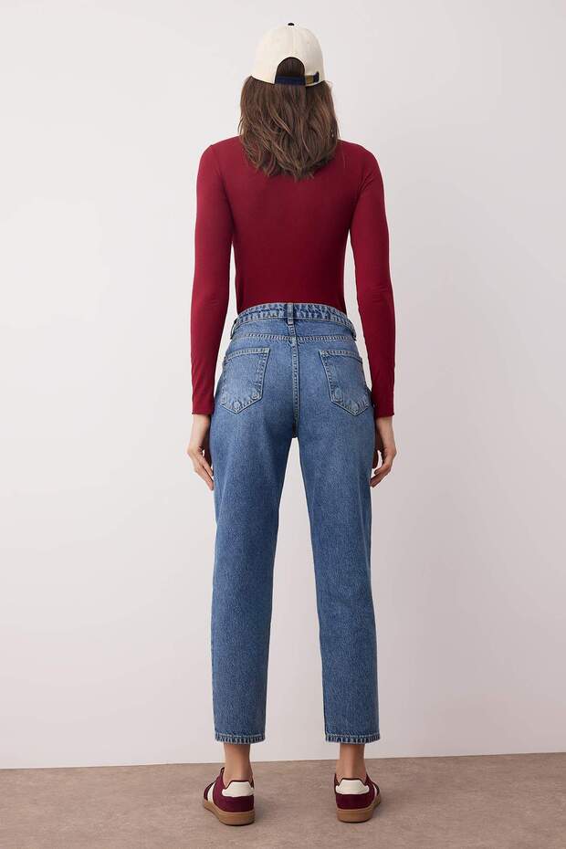 Koyu Mavi Yüksek Bel Mom %100 pamuk Non-Stretch Jeans TWOAW26JE00159 - 4