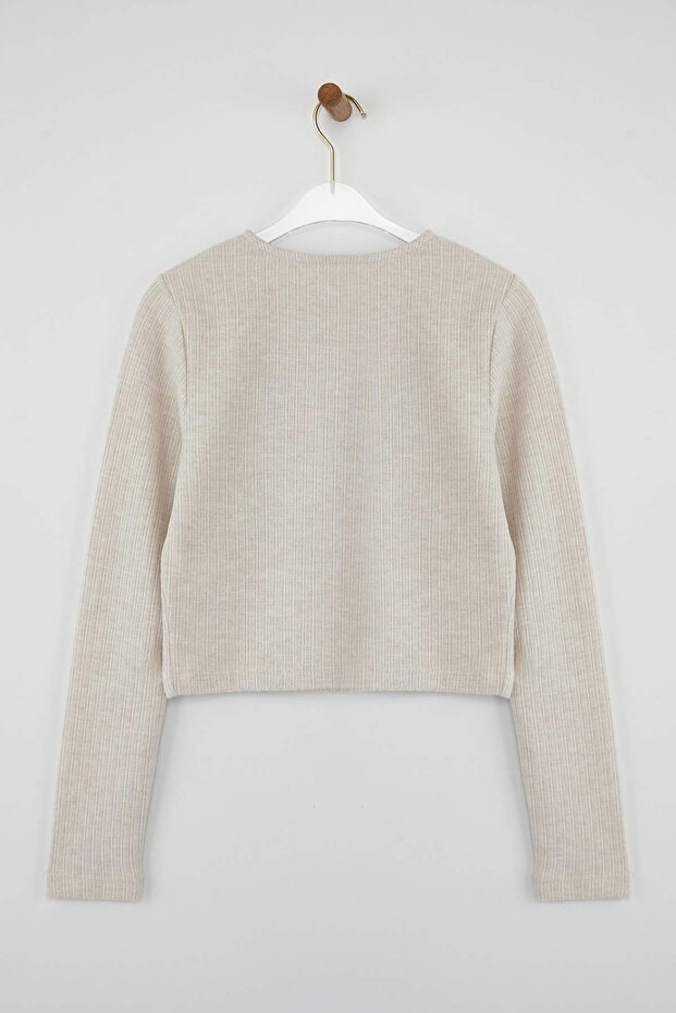 Bej Regular/Normal Kalıp Crop Düğme Detaylı Fırçalı Pointel Esnek Örme Bluz TWOAW26BZ00113 - 6