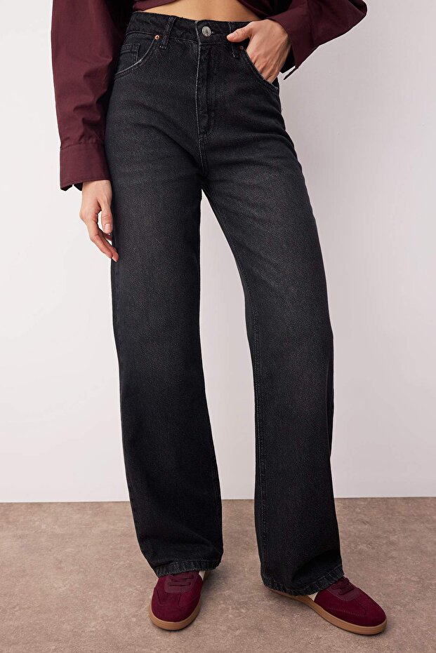 Siyah Yüksek Bel Wide Leg Geniş Paça %100 Pamuk Non-Stretch Jeans TWOAW24JE00073 - 3