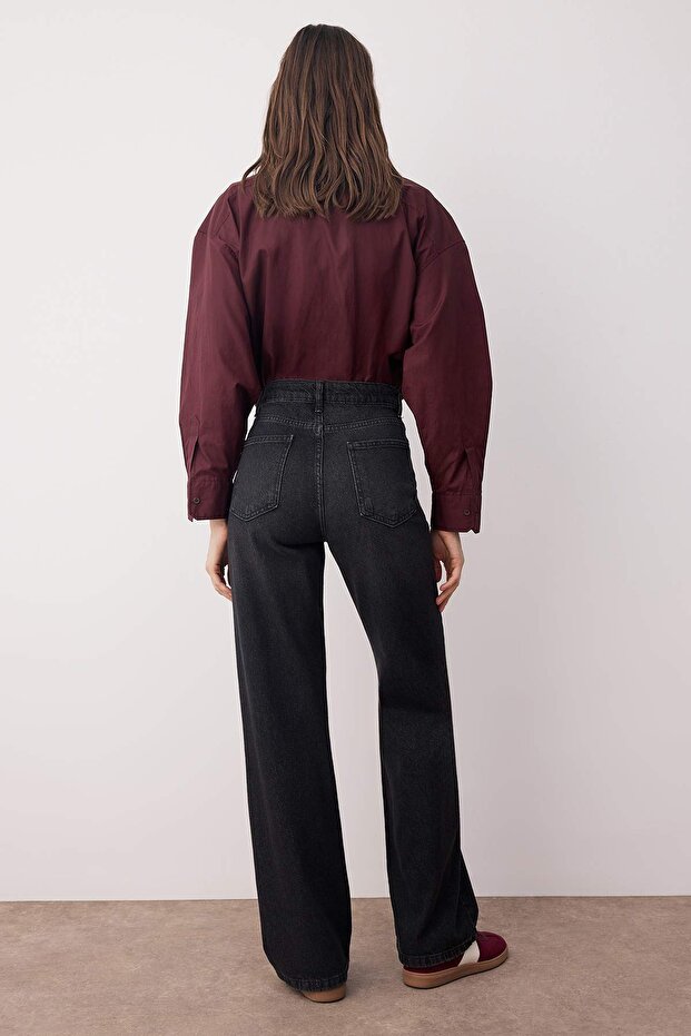 Siyah Yüksek Bel Wide Leg Geniş Paça %100 Pamuk Non-Stretch Jeans TWOAW24JE00073 - 4