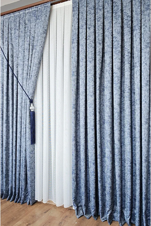 Trojan Blue Double Wing Sparse Pleated Jacquard Satin Textured Background Curtain with Bright Pattern80 X 270 - 8