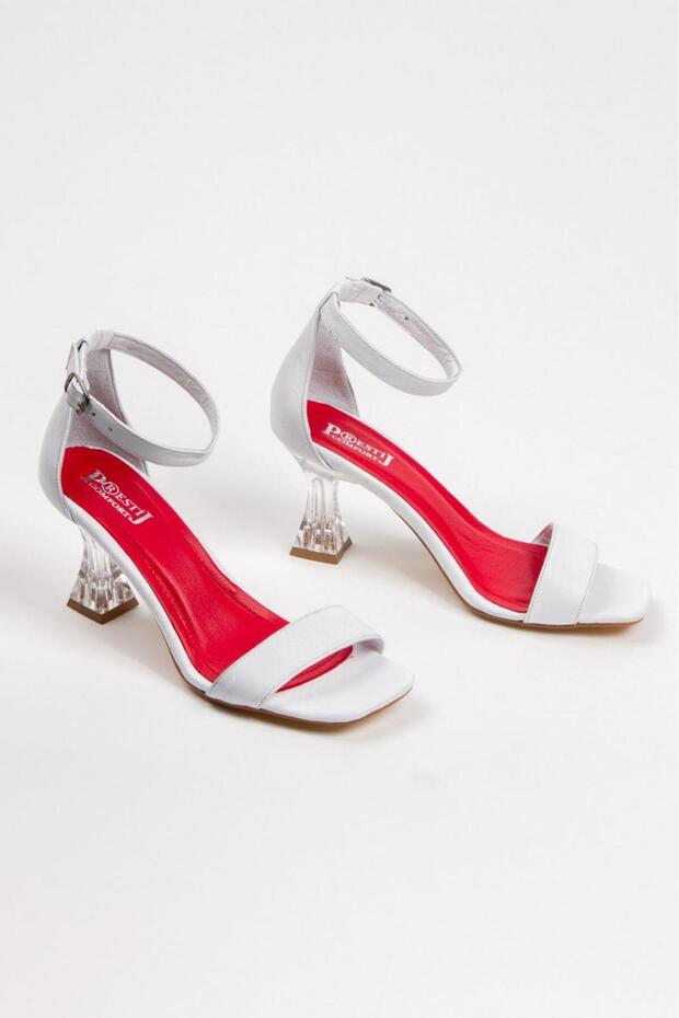 حذاء نسائي من الجلد الطبيعي بكعب شفاف وحزام واحد