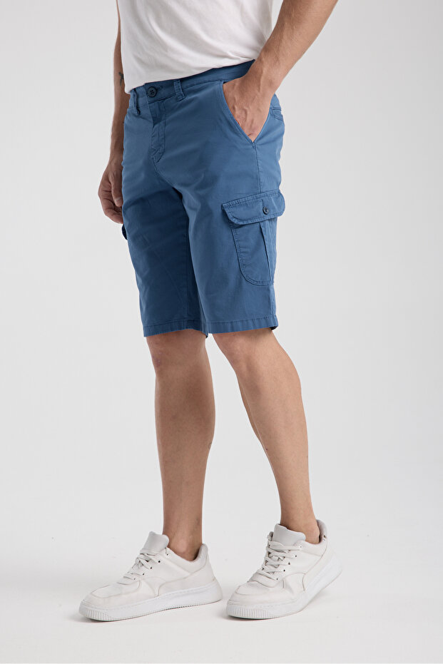 Kargo Cepli Mavi Pamuklu Chino Şort - 3