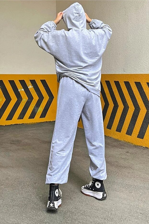 2'li Basic Düz Eşofman Takımı Sweatshirt Jogger - Siyah Gri Oversize Şardonlu Kapüşonlu - 6