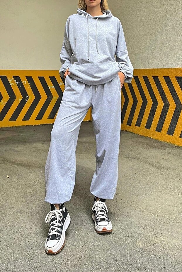 2'li Basic Düz Eşofman Takımı Sweatshirt Jogger - Siyah Gri Oversize Şardonlu Kapüşonlu - 5
