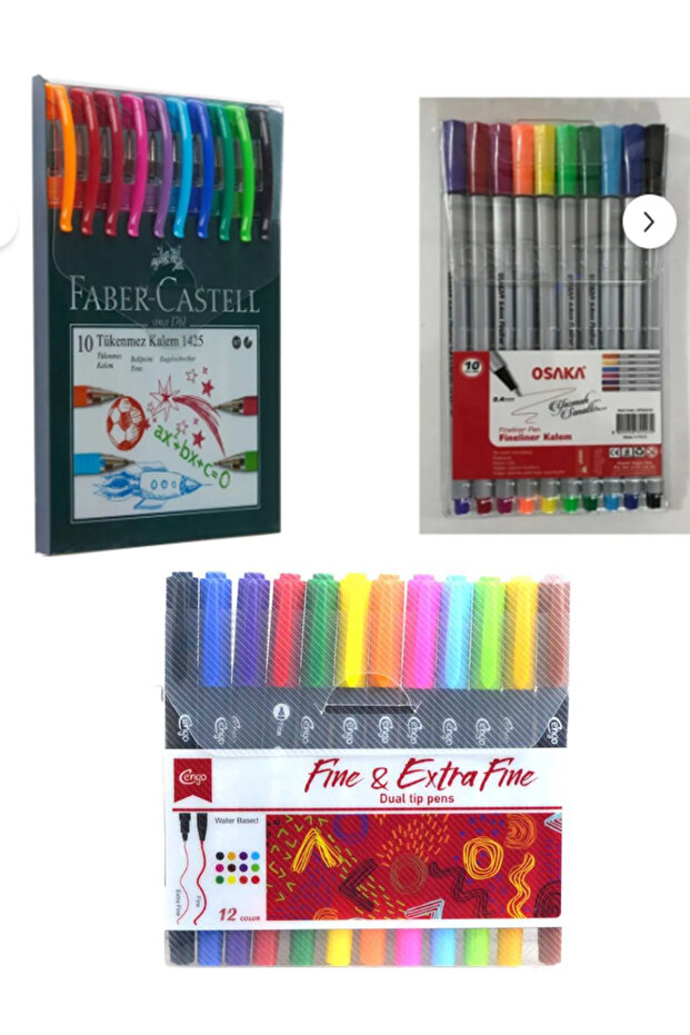 Faber Castell 1425 Tükenmez Kalem + Fineliner Kalem - Çift Uçlu Fineliner Extra Fine Kalem 3 Set