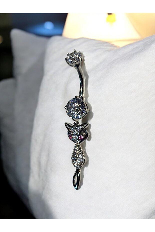 Çelik Kedi Detaylı Göbek Piercing - 4