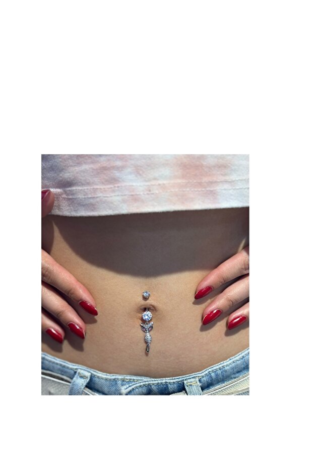 Çelik Kedi Detaylı Göbek Piercing - 5