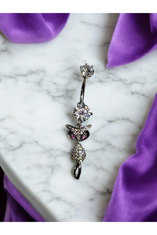 Çelik Kedi Detaylı Göbek Piercing - 2