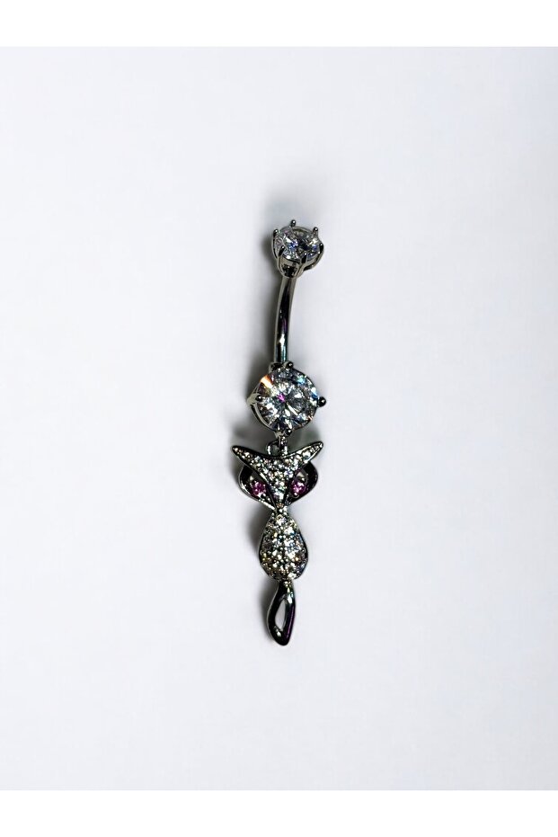 Çelik Kedi Detaylı Göbek Piercing - 3