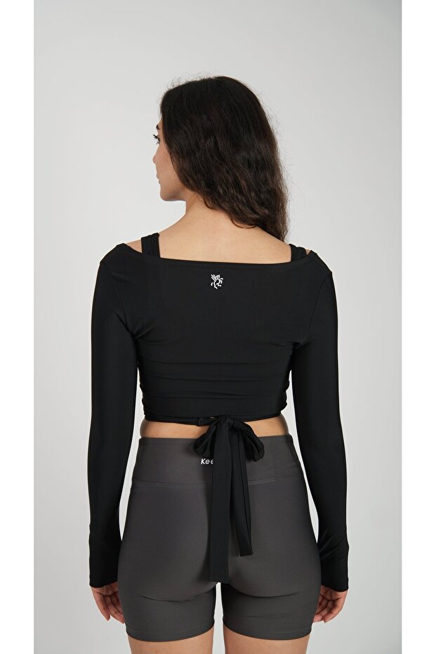Anvelop Belden Bağlamalı Crop Bluz Siyah - 6