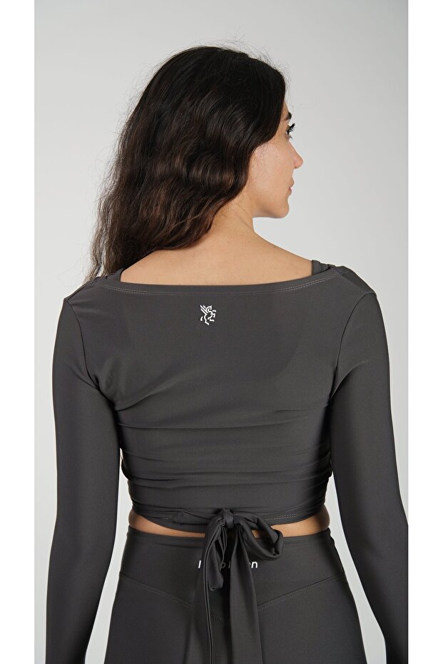 Anvelop Belden Bağlamalı Crop Bluz Gri - 8