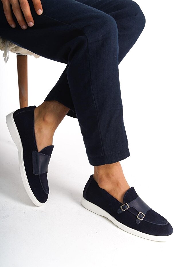 Genuine Leather Mbkry105-Lcv Men's Buckle Detail Navy Blue Loafer