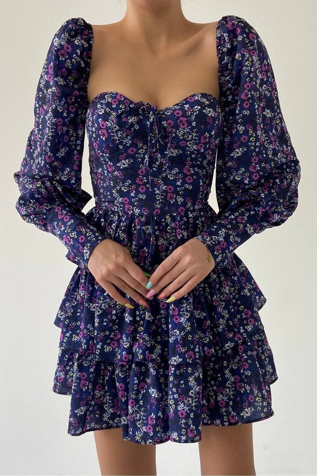Women's Purple Cotton Crepe Fabric Floral Patterned Chest Filled Long Sleeve Mini Dress 171
