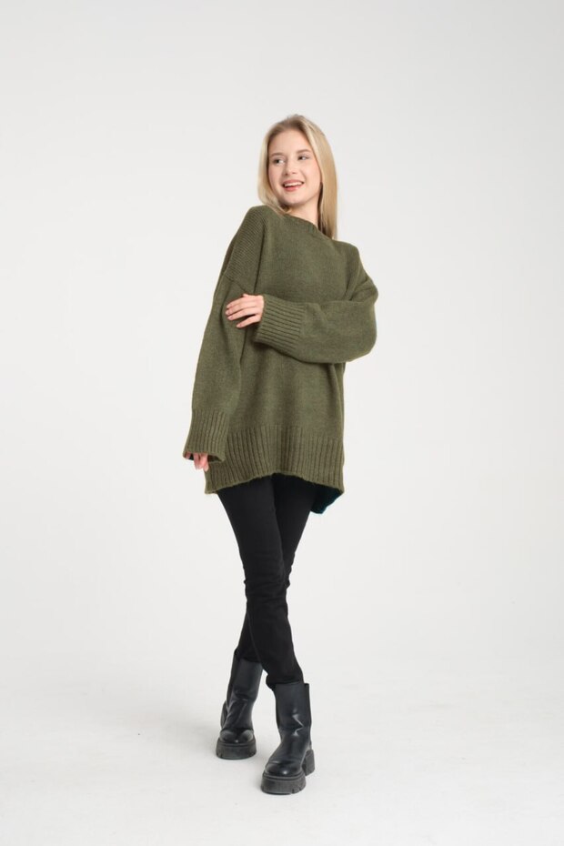 Oversize Basic Haki Uzun Kadın Kazak - 8