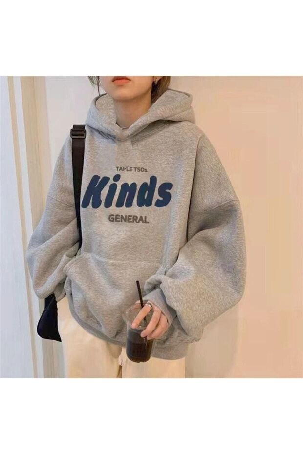 سويت شيرت Kinds General - غطاء رأس كبير الحجم مطبوع باللون الرمادي