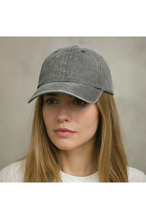 Unisex Yıkamalı Eskitme Şapka Gri Şapka - 4