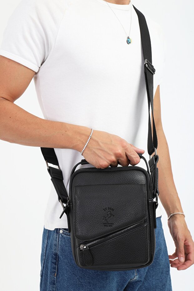 Black Multi-Compartment Shoulder Bag - Men's Crossbody Bag with Adjustable Strap