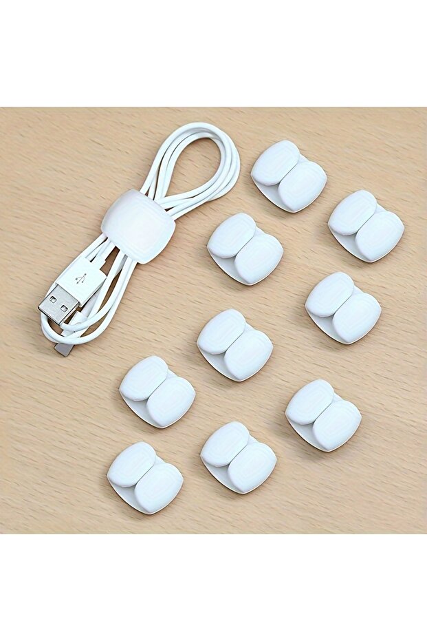 مشابك تنظيم كابلات متعددة الوظائف، 10 قطع، باللون الأبيض، لأسلاك الشحن وسماعات الأذن - بلاستيك متين - 1