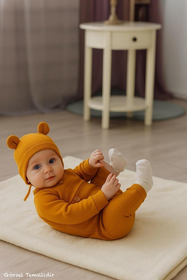 Newborn Baby Girl and Boy Rompers Set Cute Teddy Bear Hat Design Sports Button Detailed Jumpsuit Set