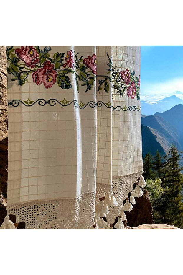 Buldan Curtain Red Cross-Stitch Authentic Basement Locale