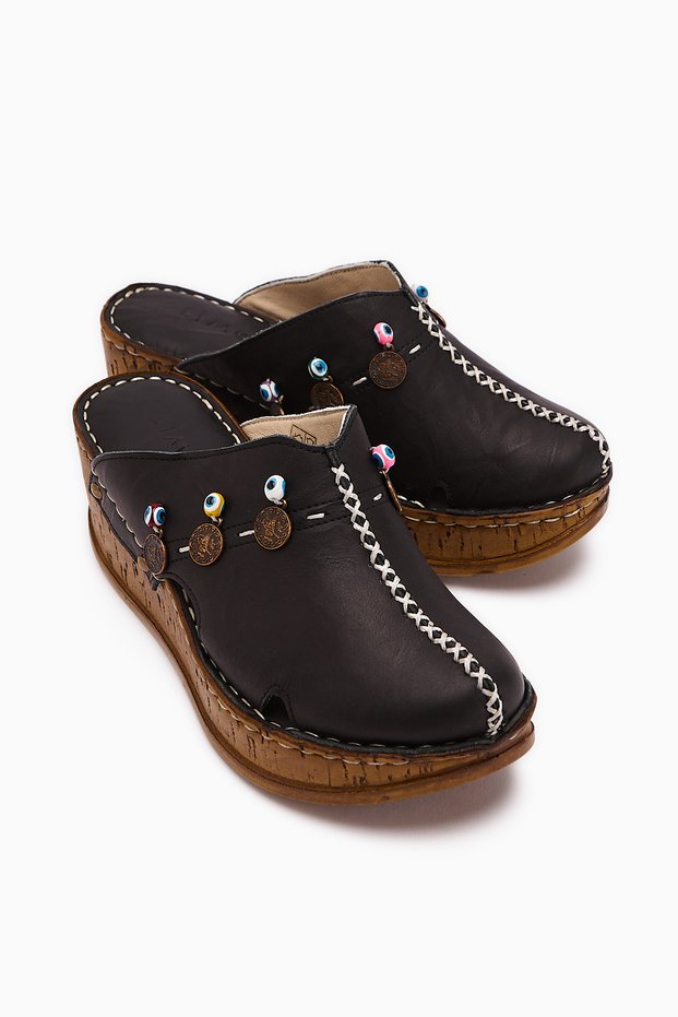 Genuine Leather Annika Black Antique Detailed Wedge Sabo Women's Slippers