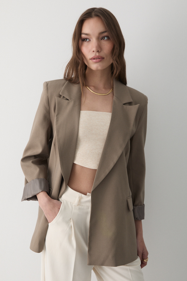 Women's Khaki Striped Lined Sleeve Detailed Blazer Jacket